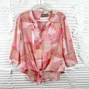 Chico's Drapey Pullover Top Hi-Lo Hem Front Tie V-Neck Pink Tan Abstract Print S